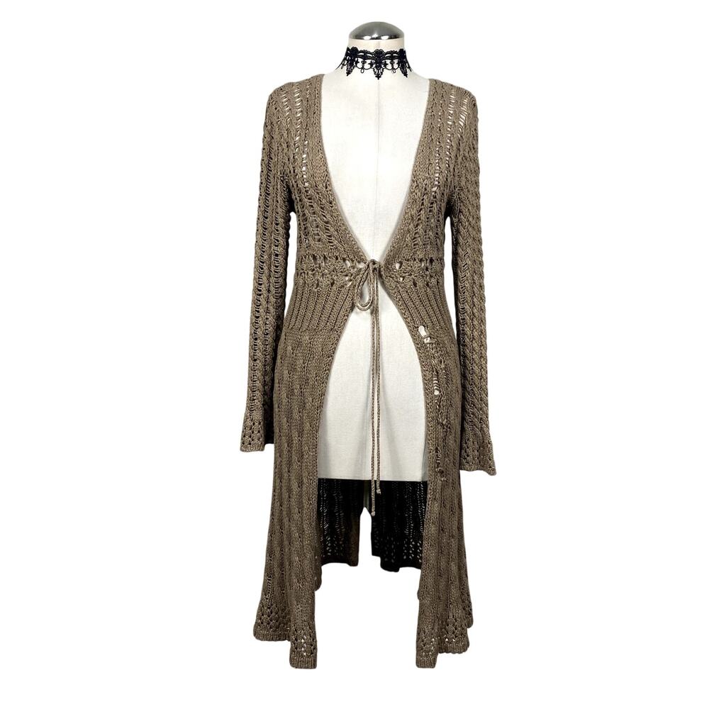 Cabi Light Brown Front Tie Distressed Crochet Bell Sleeve Full Length Cardigan S